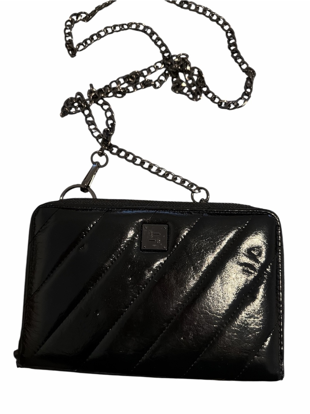 THINK ROLYN starlet walletBlack Patent Quilted Crossbody with Chain Strap